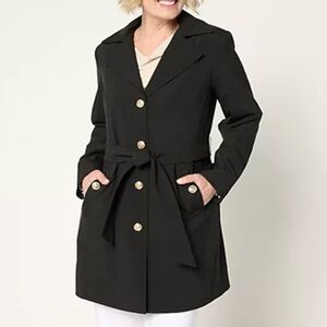 Dennis Basso Water Resistant Trench Coat Detachable Hood Belt Button Black